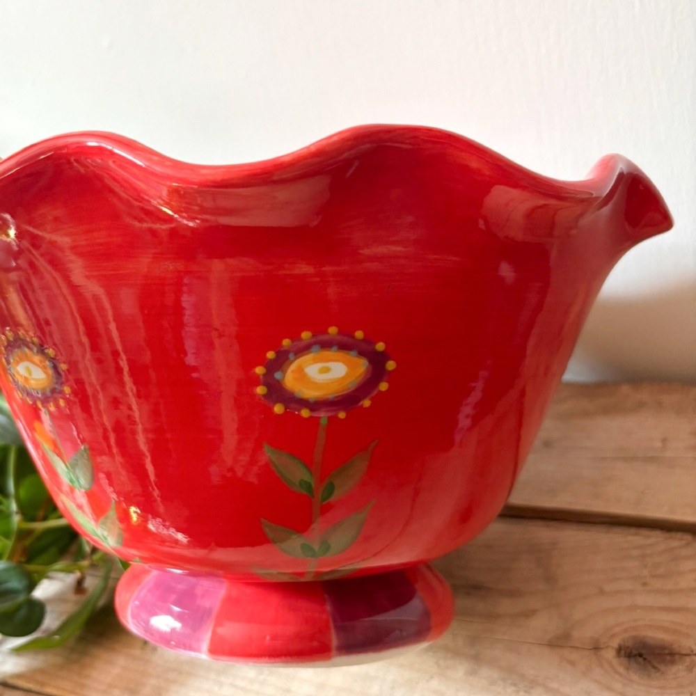Vintage Vibrant Floral Hand Painted Italian Style Ceramic Artisan Pottery Bowl - Picture 3 of 6